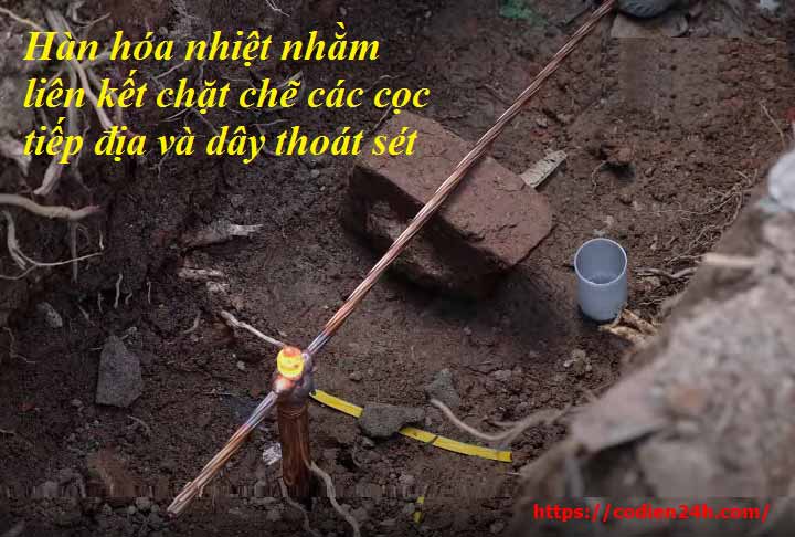 thực hiện hàn hóa nhiệt : chức năng nhằm gắn kết các cọc tiếp địa bên nhau thông qua cáp đồng trần